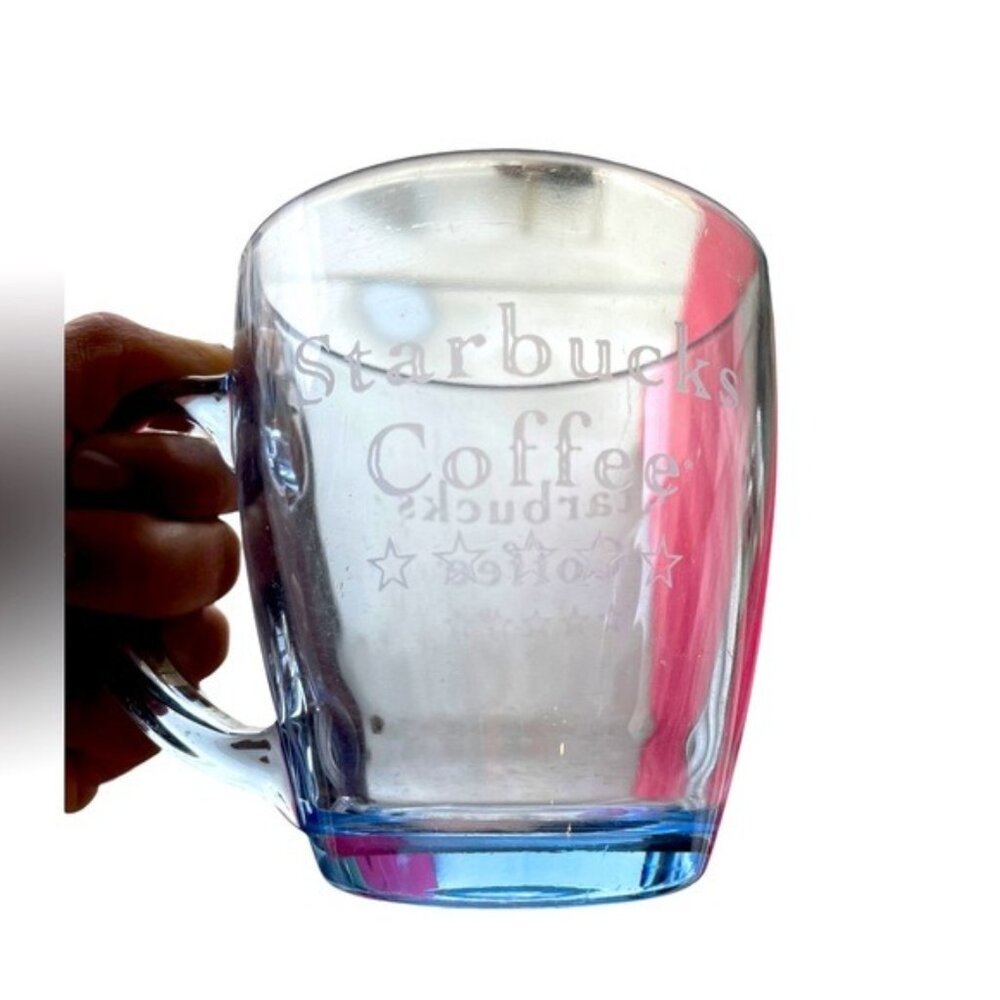 Starbucks Etched Glass Coffee Mug Clear Durable Handle‎ Unique Five Stars Design